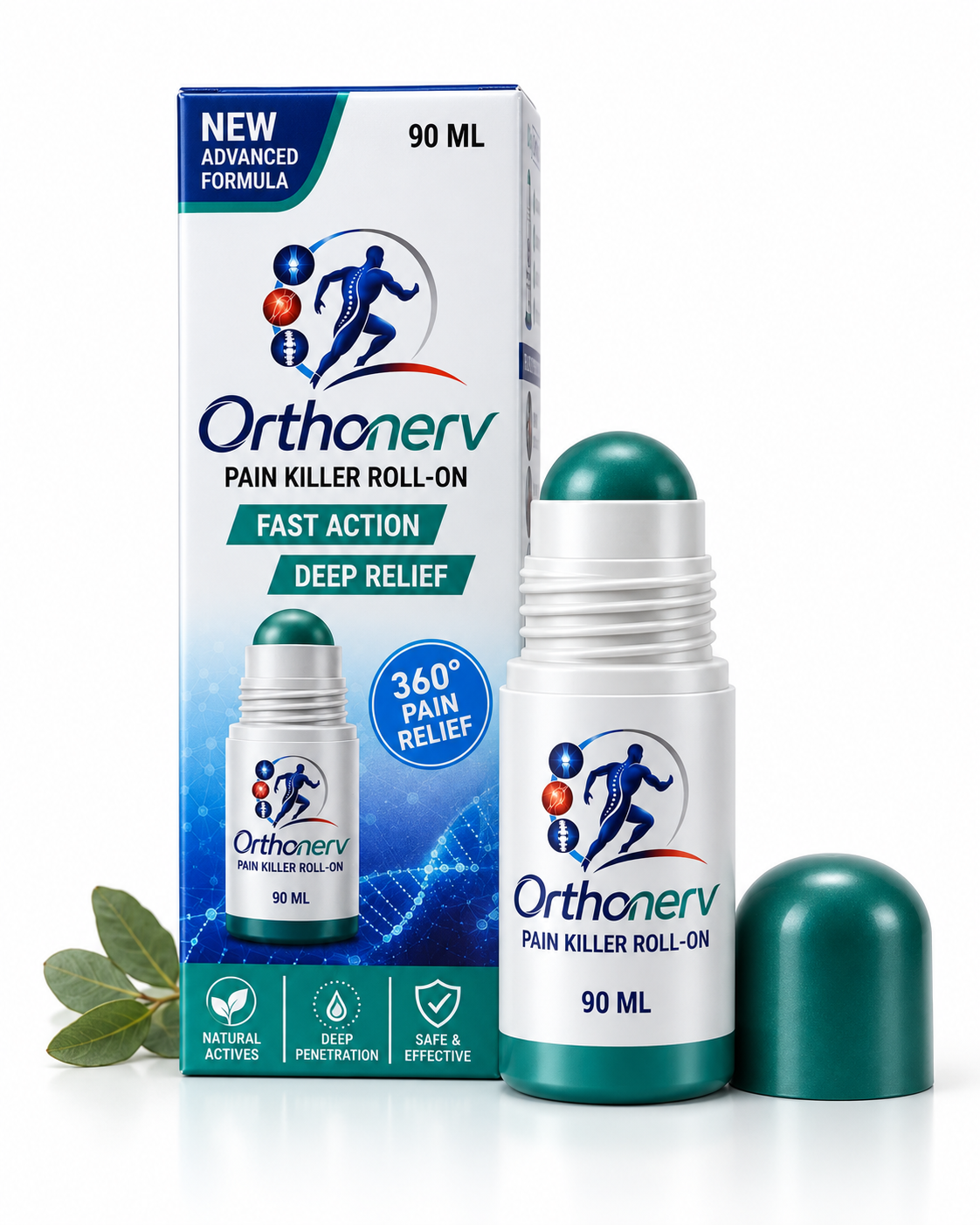 Orthonerv Ayurvedic Pain Relief Roll-On 90 ML with product box and roll-on bottle