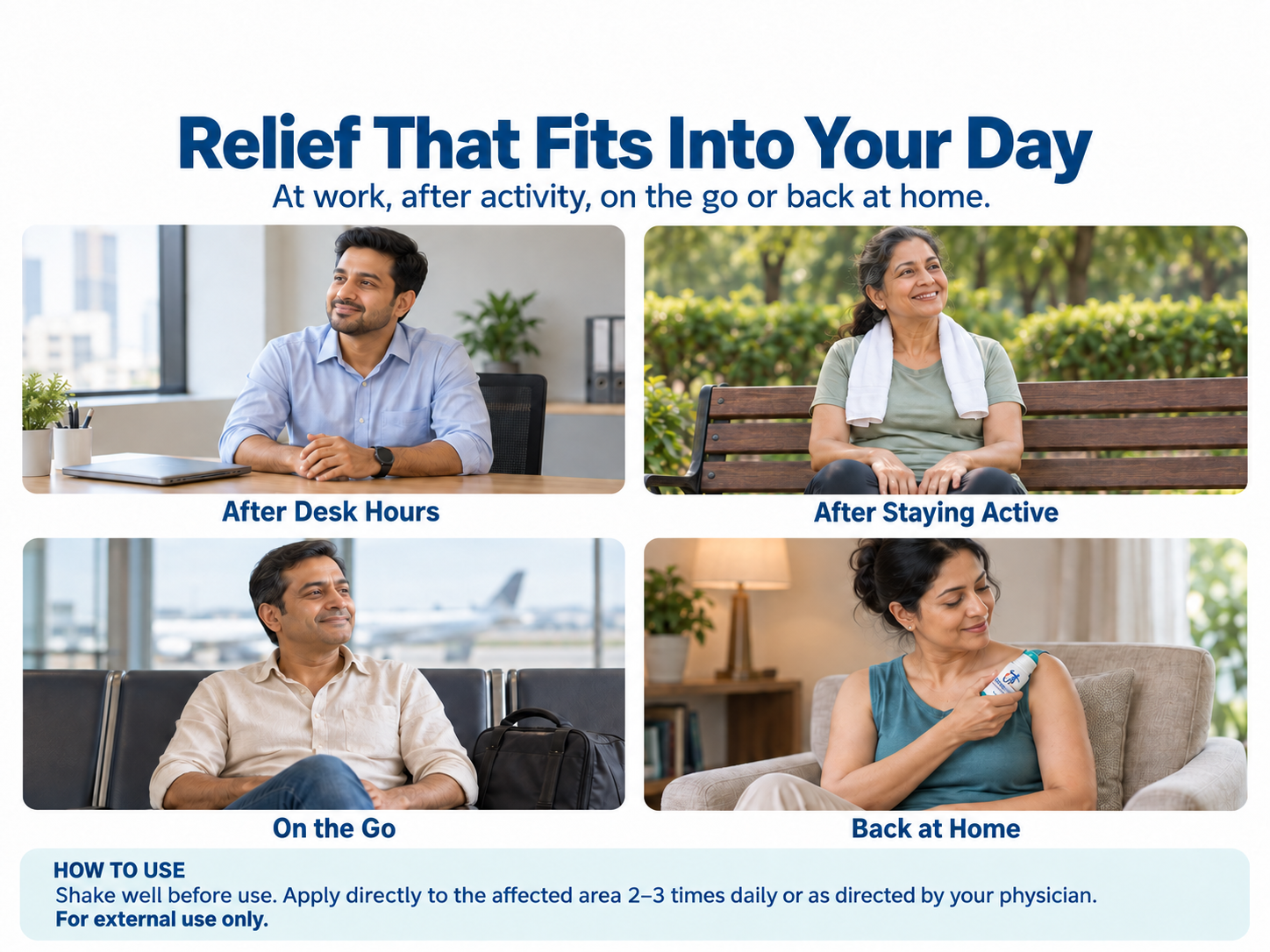 Four everyday settings: after desk work, after walking, during travel, and at home applying Orthonerv Roll-On to the shoulder.