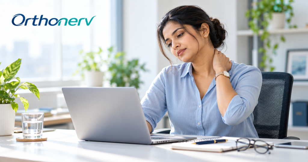 Office professional gently holding her neck while working on a laptop.